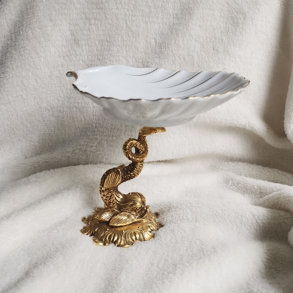 VTG Stylebuilt Accessories NY Dolphin/Koi Scallop‎ Shell Dish Hollywood Regency